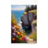 Cliffside view of a serene ocean with brightly colored flowers in an impressionist art style.
