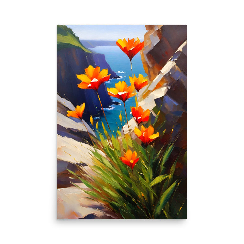 Painted orange flowers on a coastal cliff, invoking a feeling of natures solitude.