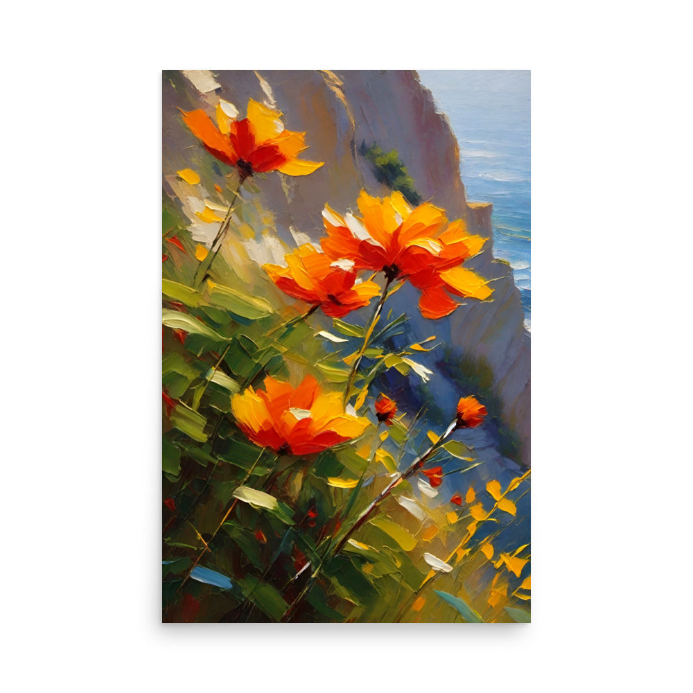 Vibrant orange flowers with beautiful impasto brushstrokes in front of coastal cliffs.