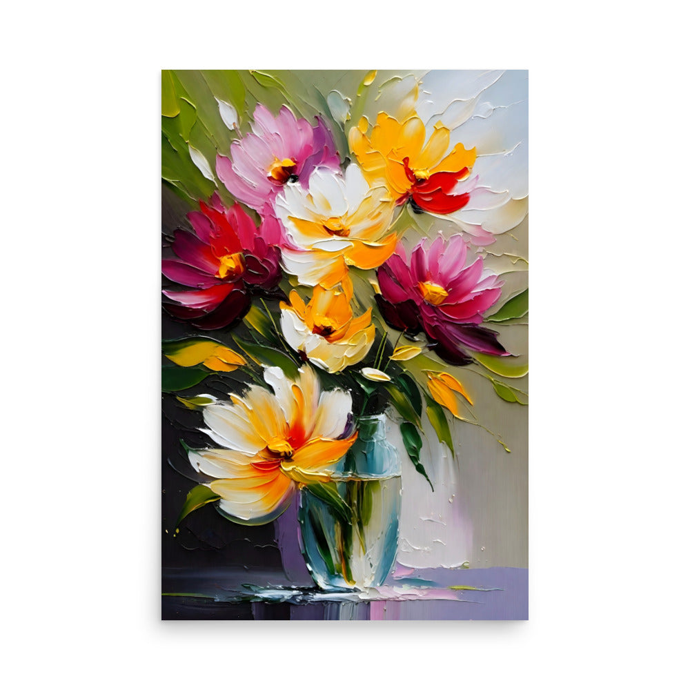 Art with multicolored flowers, each petal painted with beautiful energetic strokes.