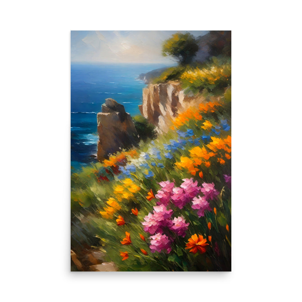 A clifftop view of orange and yellow flowers on a coastal hillside.