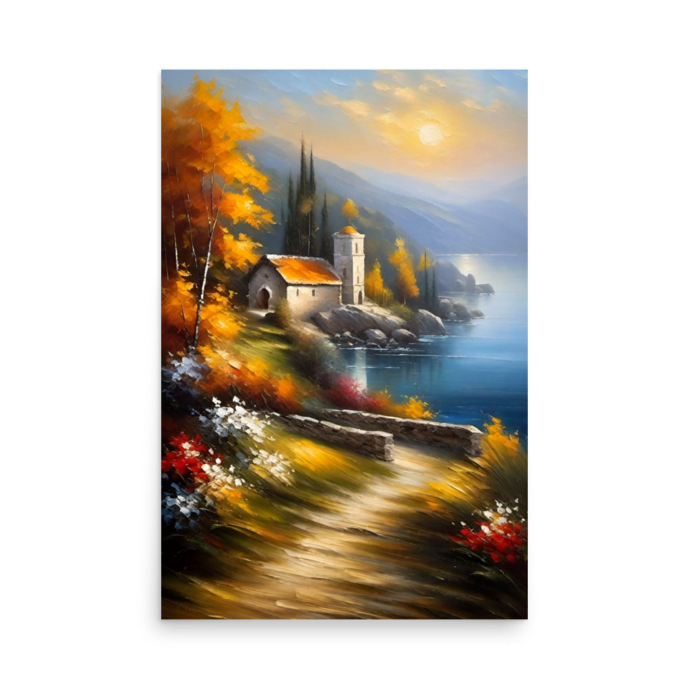 A seaside painting of an Autumnal scene, golden leaves and a glowing sunset.