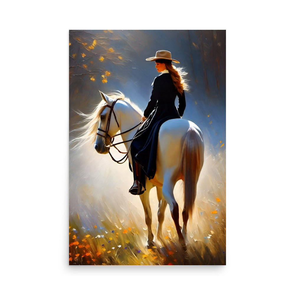 A woman rides a beautiful white horse in a soothing misty sunlit field.