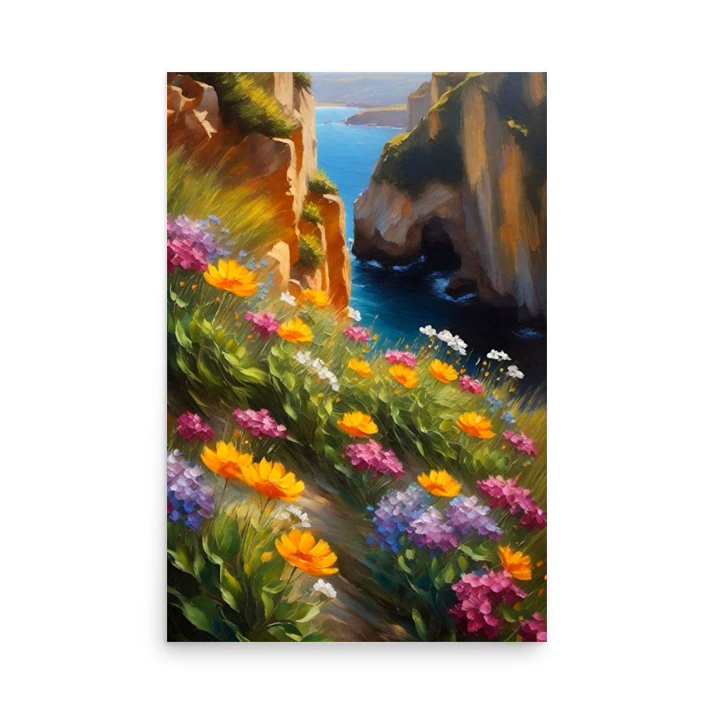 Art with lush greenery and vibrant flowers overlooking a calm coastal inlet.