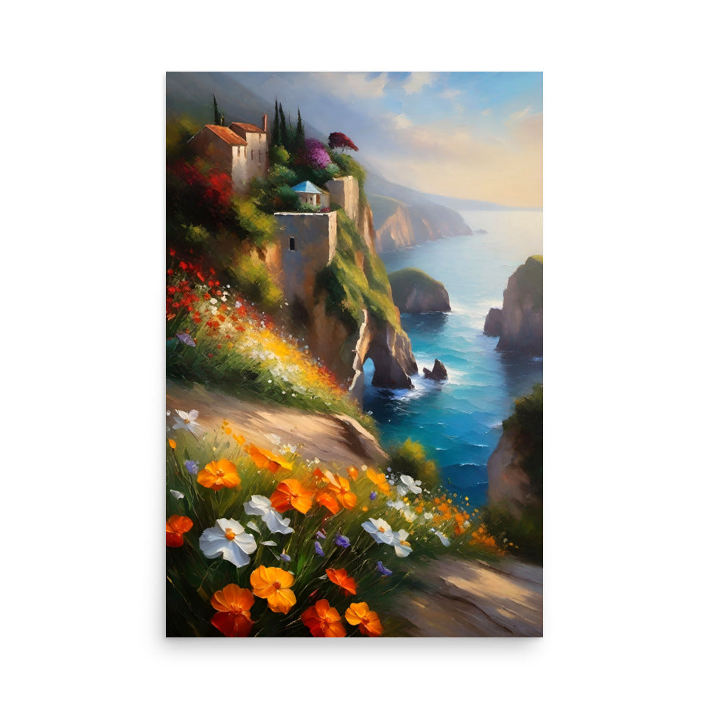 Buildings on a cliff surrounded by beautiful lush greenery with vibrant flowers.
