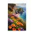 Majestic sea cliffs with vibrant yellow and purple flowers over calm seas.