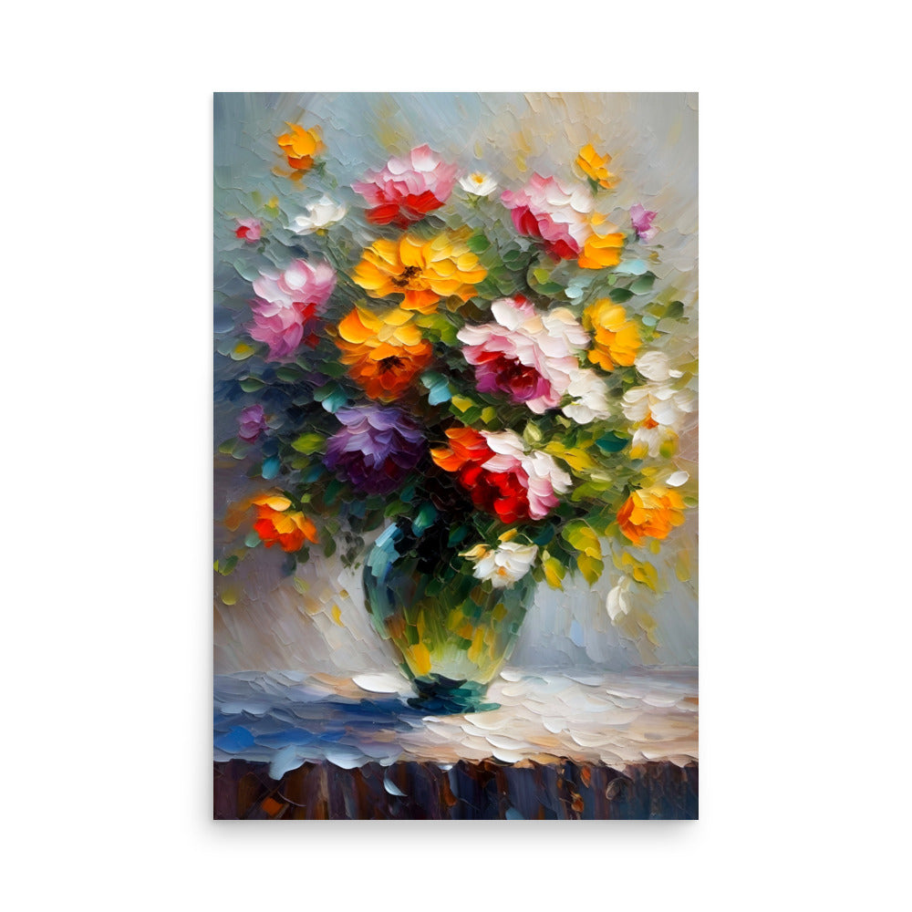 A bouquet of multicolored flowers in a green glass vase, with rich palette knife strokes.