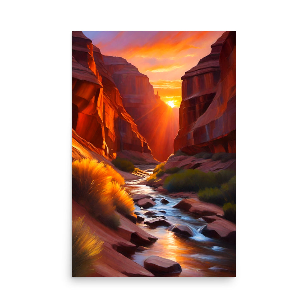 A canyon at sunset with deep reds and beautiful glowing orange colors.