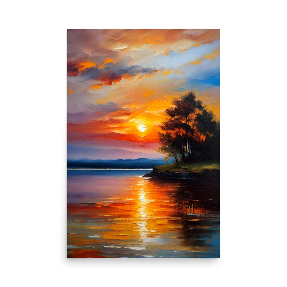 A lakeside sunset with vibrant reflections on the waters surface with silhouetted trees.