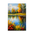 A colorful autumn painting of a calm lake with yellow and red leaves reflecting.