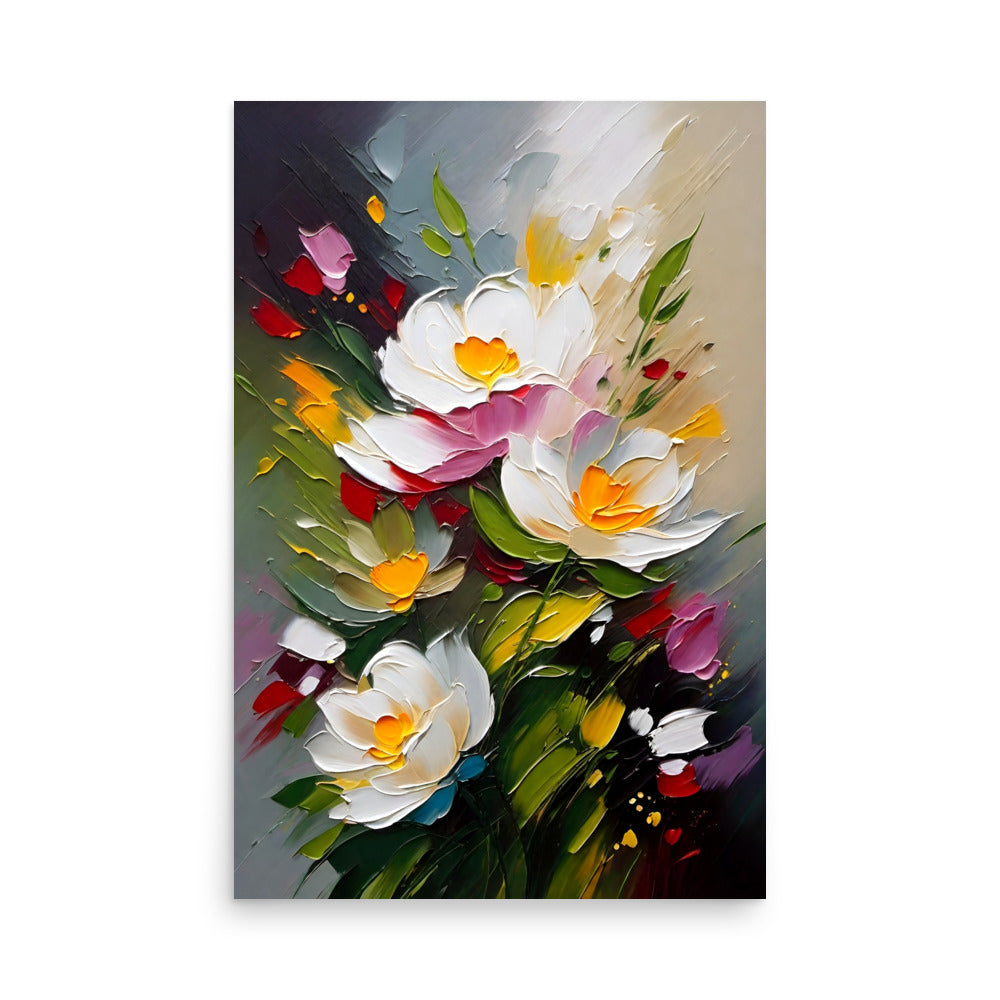 A painting of blossoming white flowers with bright yellow centers.