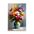 An impressionistic bouquet of multicolored flowers in a painted white vase.