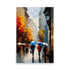 A city scene paletteknife style painting with colorful umbrellas that really stand out.