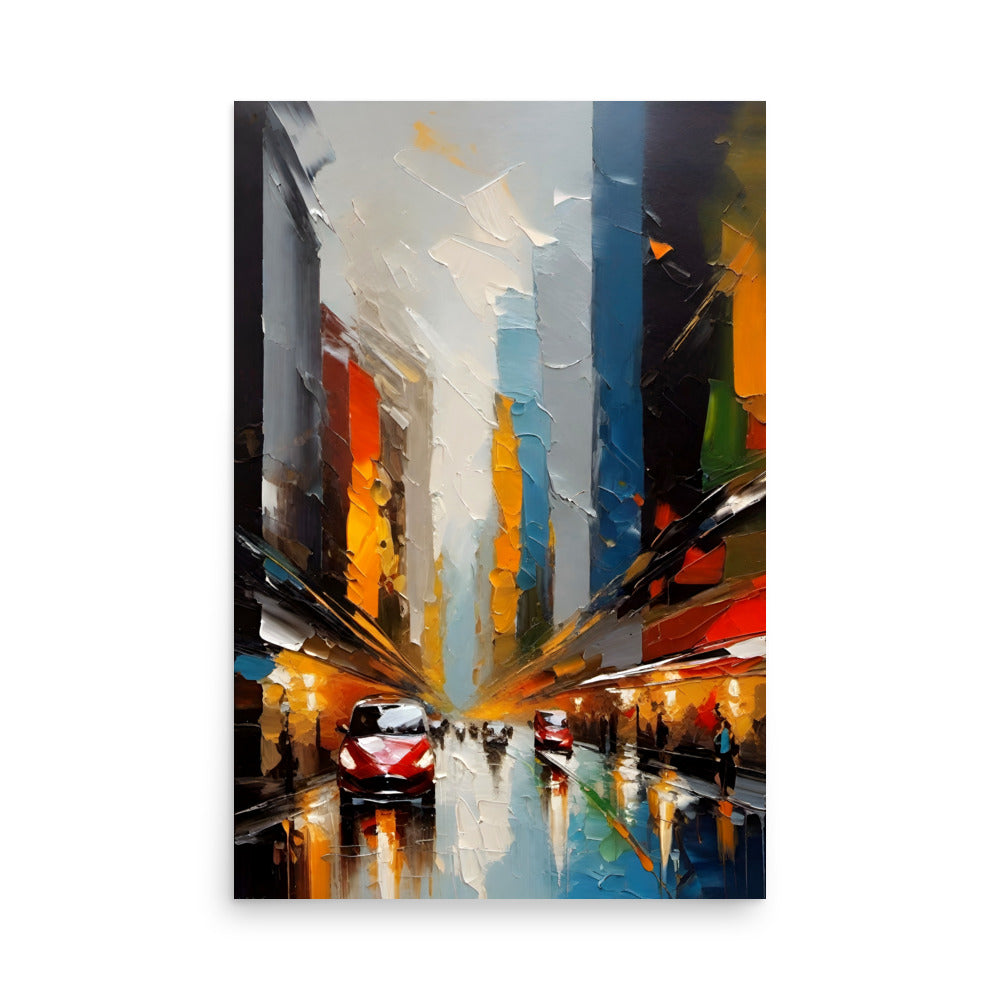 A city scene with bold thick paint showing the reflection of a beautiful wet urban street.