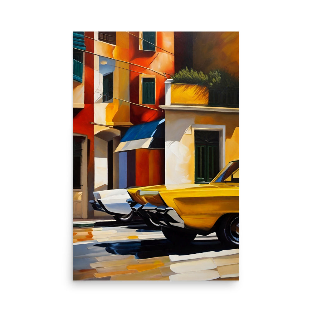 A classic yellow car, a sunlit street and vibrant buildings that's painted with bold colors.