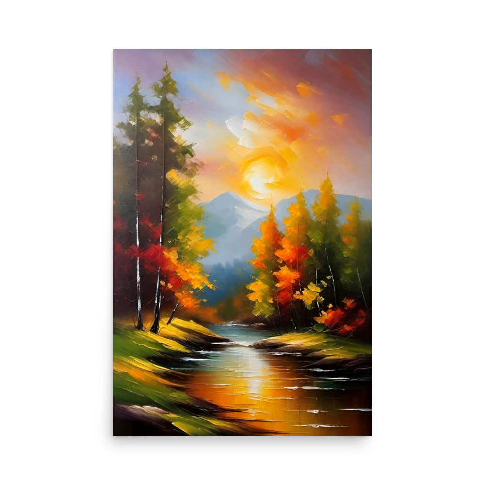 A colorful autumn painting, a forest scene and a sunlit reflection.
