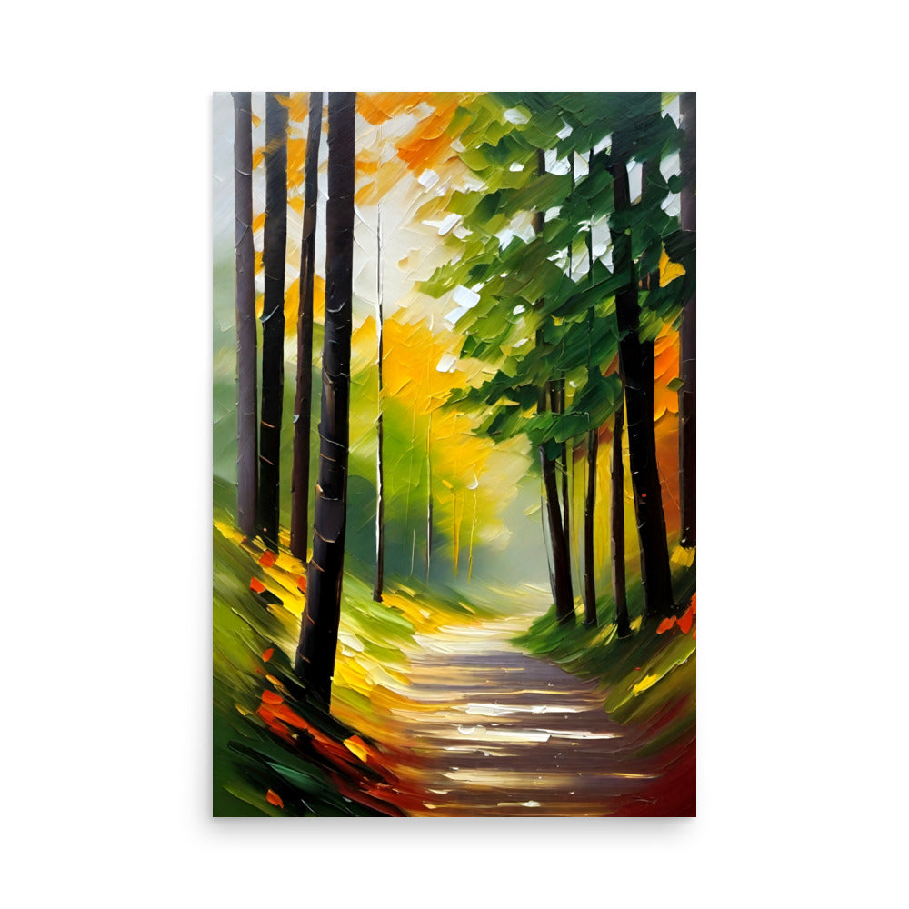 A forest with sunlight shining through autumn leaves painted with lively abstract style.