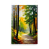 A forest with sunlight shining through autumn leaves painted with lively abstract style.