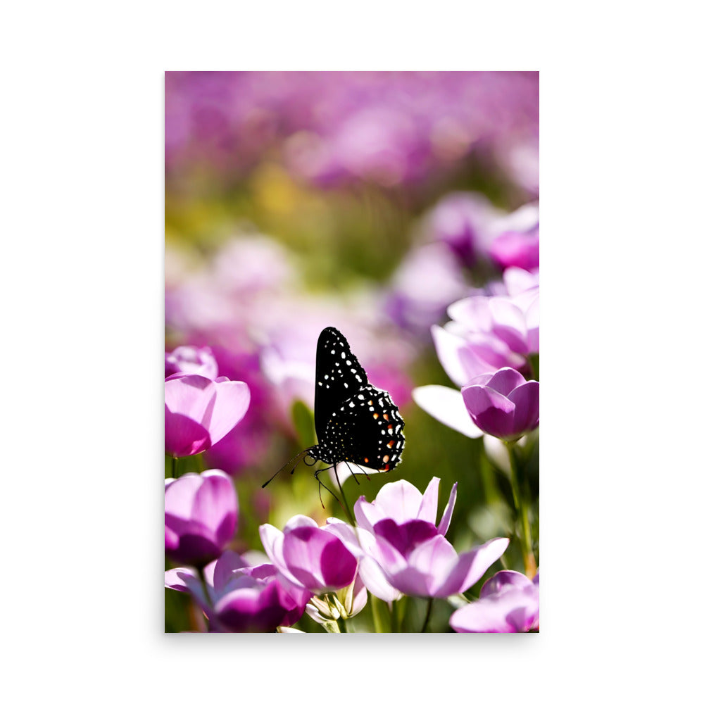 A macro photograph with a black butterfly on purple flowers.