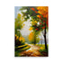 A sunlit forest path with bright yellow and green leaves, that's painted with heavy strokes.