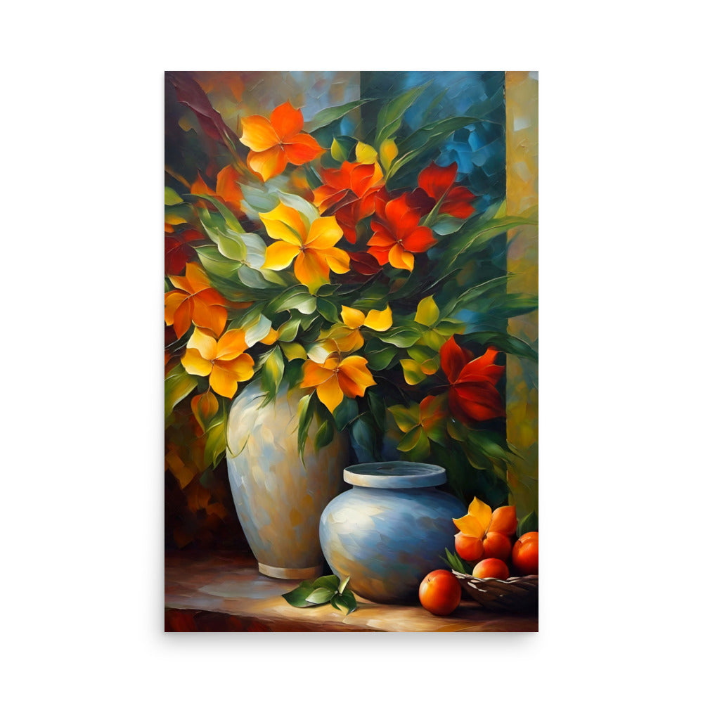 A vibrant still life with bright yellow and red flowers growing in vases.