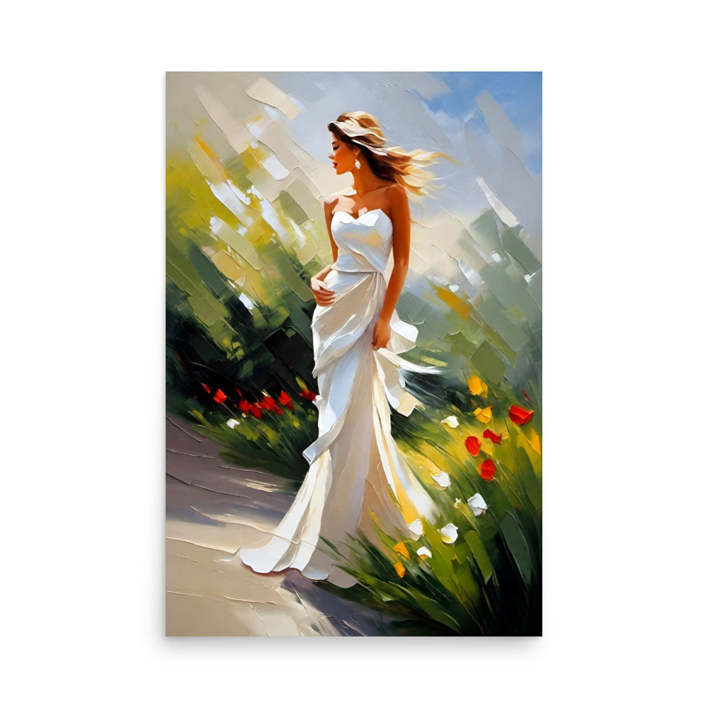 A woman walking through a flowery field wearing a flowing white dress.