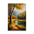 An Impressionistic landscape scene with a birch tree with vivid golden leaves.