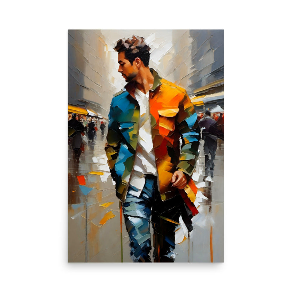 Art with a man wearing a colorful jacket is walking through a bustling city scene.
