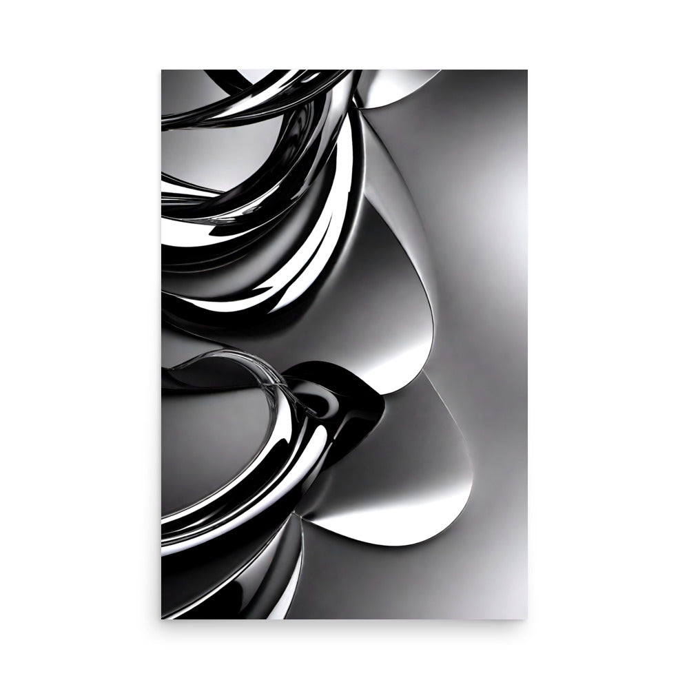 Black and white abstract with shiny metallic curves create a reflective artwork.