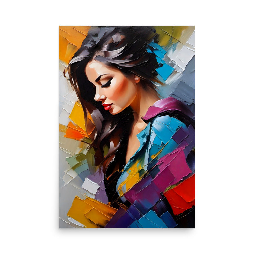 Painting with a beautiful side profile of a woman with her flowing hair.