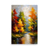 Tall golden yellow trees beside a reflective river painted with thick palette knife.