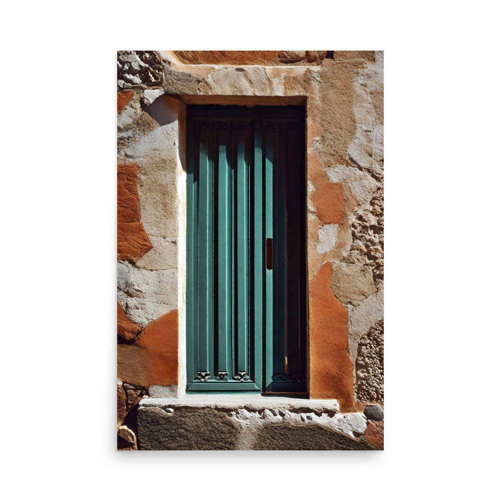 Rustic stone wall surrounds vibrant green. Wooden door features vertical slat adornments. Charming facade warmly welcomes all visitors.