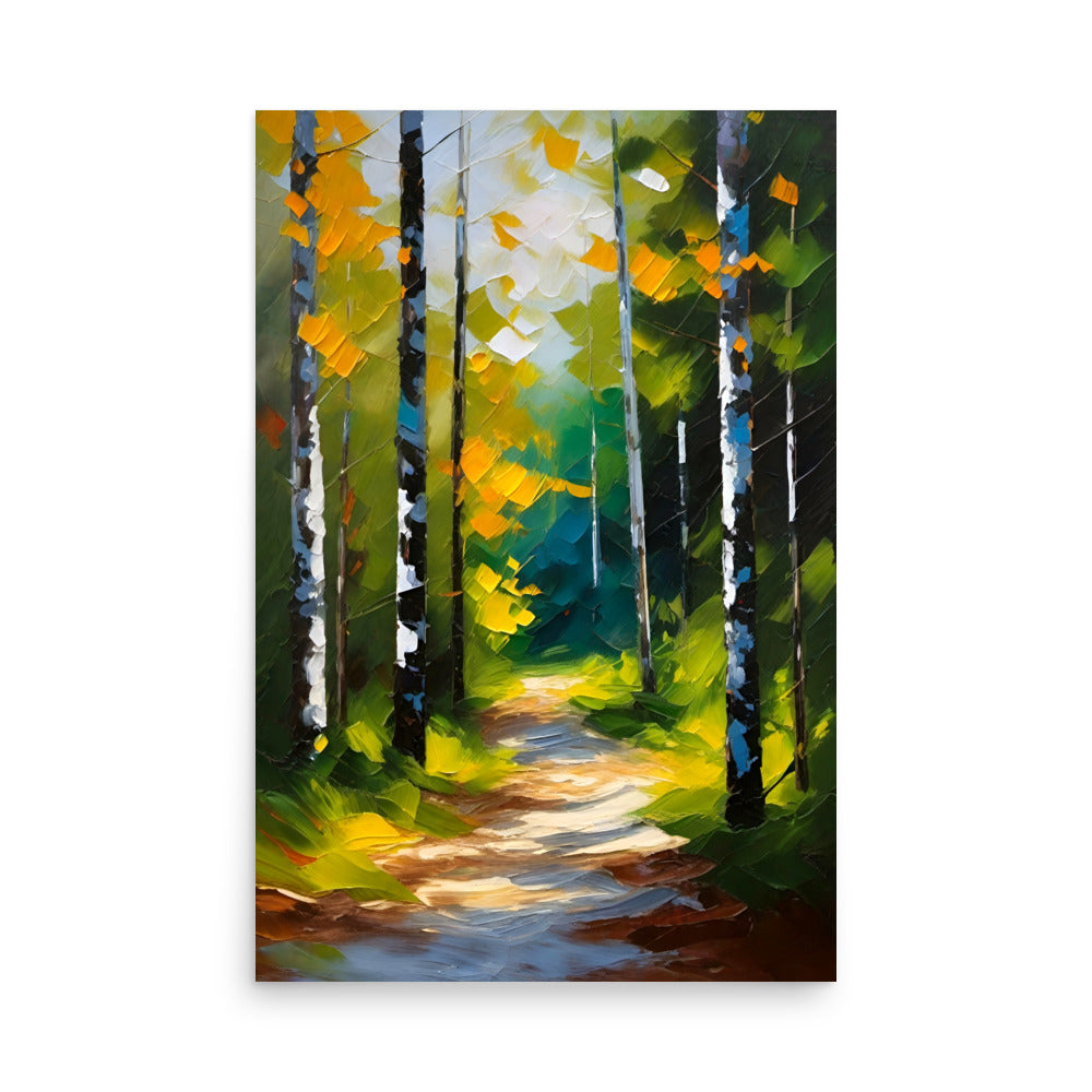 A colorful forest painting with thickly painted brushstrokes of green and yellow.
