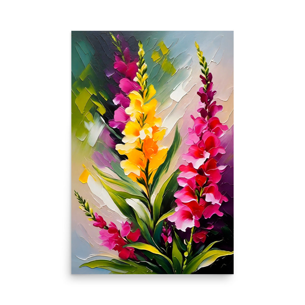 Mixture of pink and yellow gladiolus flowers, textured paint strokes with blossoms.
