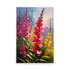 Pink and red gladiolus by yellow flowers in a textured floral painting.