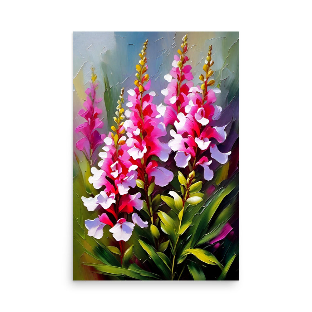 Beautiful pink and white gladiolus flowers painting with colorful brush strokes.
