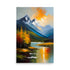 A beautiful mountain scene with painted blue snowy peaks with a fiery orange sky.
