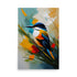 A colorful kingfisher bird with deep orange and blue feathers, and abstract yellow brushstrokes.