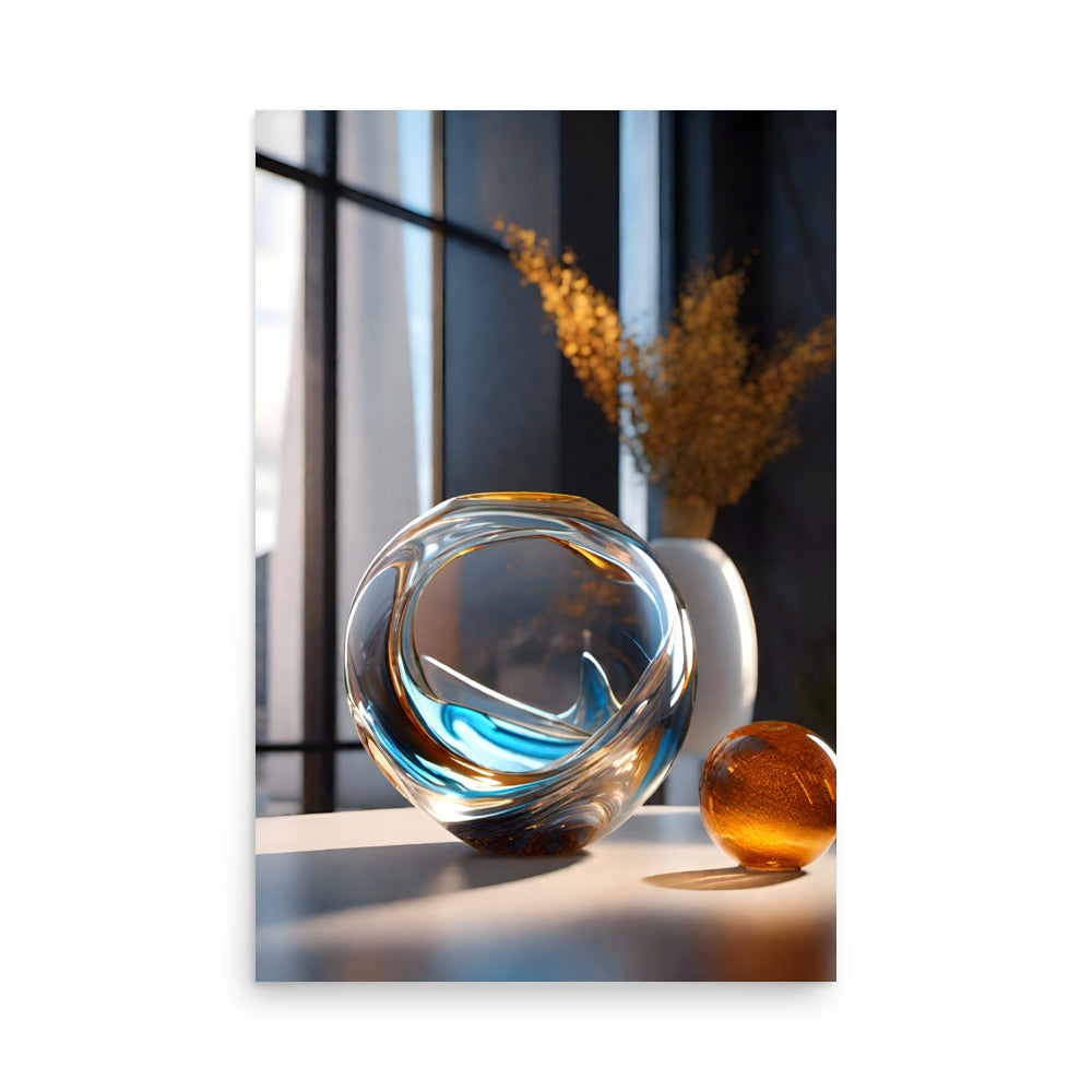 A beautiful modern decor artwork, with an amber colored sphere and gleaming glass sculpture.
