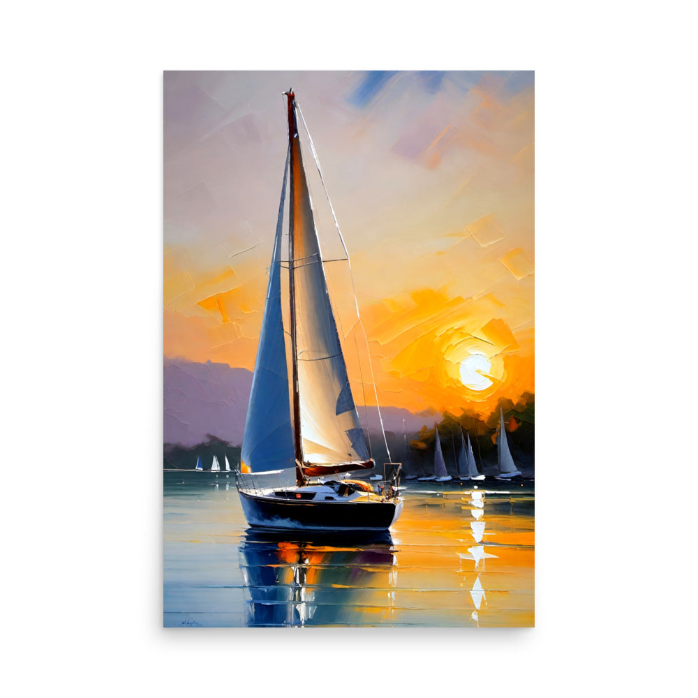 A peaceful sailboat on a glassy lake, the golden sunset sky reflected on the water.