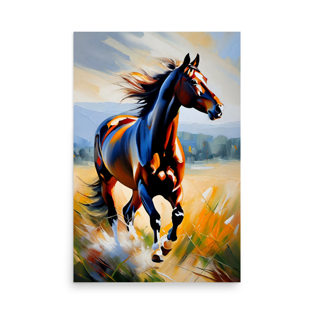 A powerful horse running with its muscular form painted with fiery oranges and deep browns.