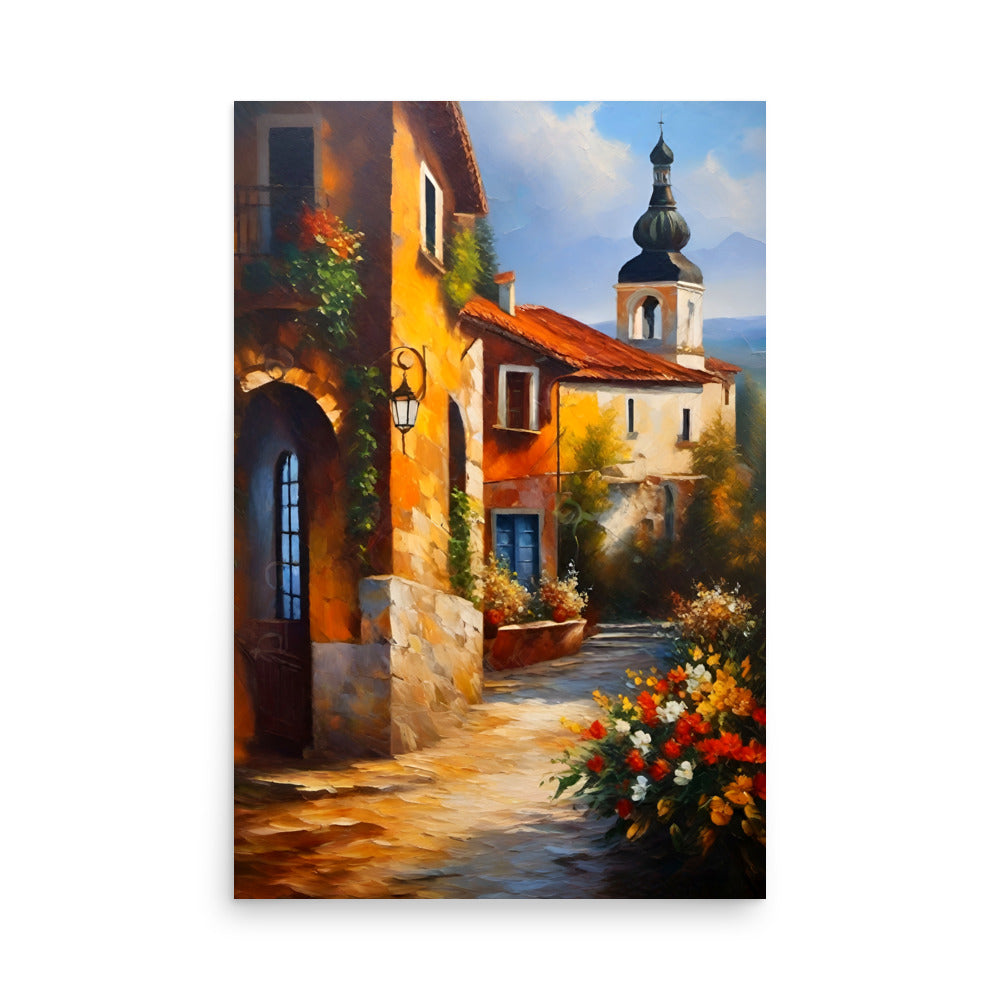 A warm inviting painting, a European village street adorned with flower clusters.