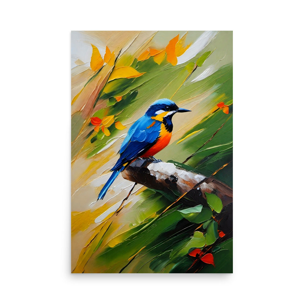 Blue and orange bird perched on a branch with vibrant yellow leaves.