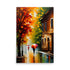 Impressionistic painting of a rainy street with colorful umbrellas under autumn leaves.