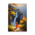 Painting with a waterfall and a woman in a beautiful reddish orange dress.