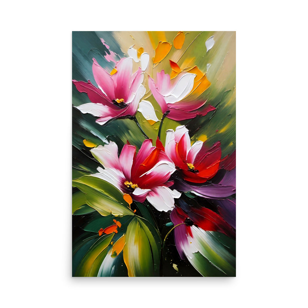 Pink and white flowers bursting with energy, thick paint creates a beautiful intense contrast.