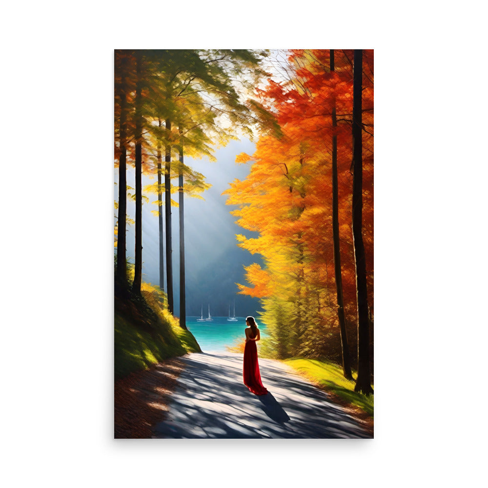 Art of a sunlit colorful forest with brightly painted trees and distant lakeside sailboats.