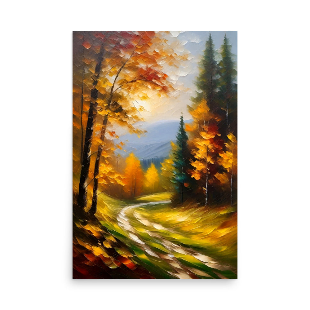 Oil painting of a winding path through a sunlit autumn forest with brilliant yellows.