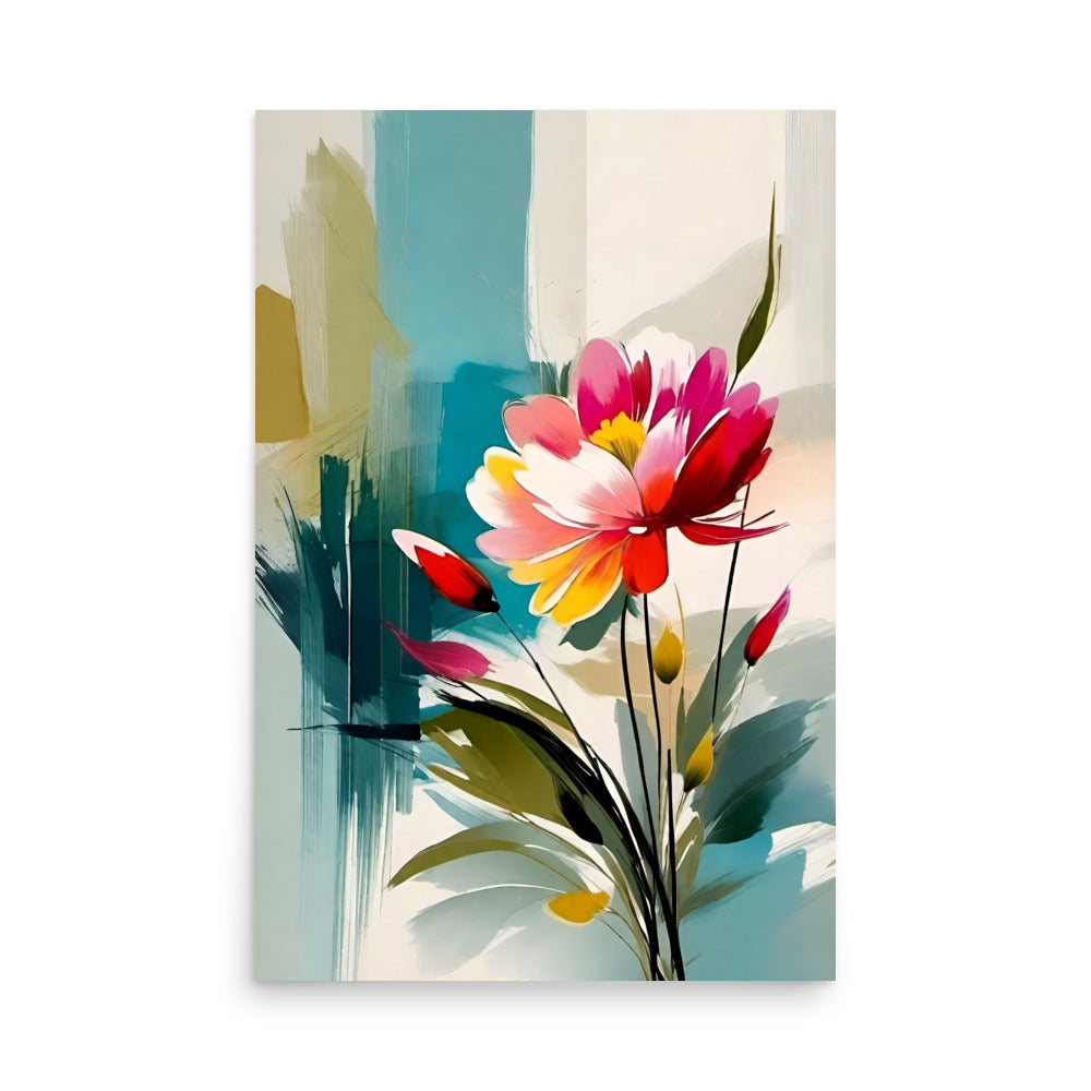 Vibrant abstract floral painting radiates glow. Large expressive bloom emits pink, red, yellow, white hues. Encircling smaller flowers harmonize main blossom.