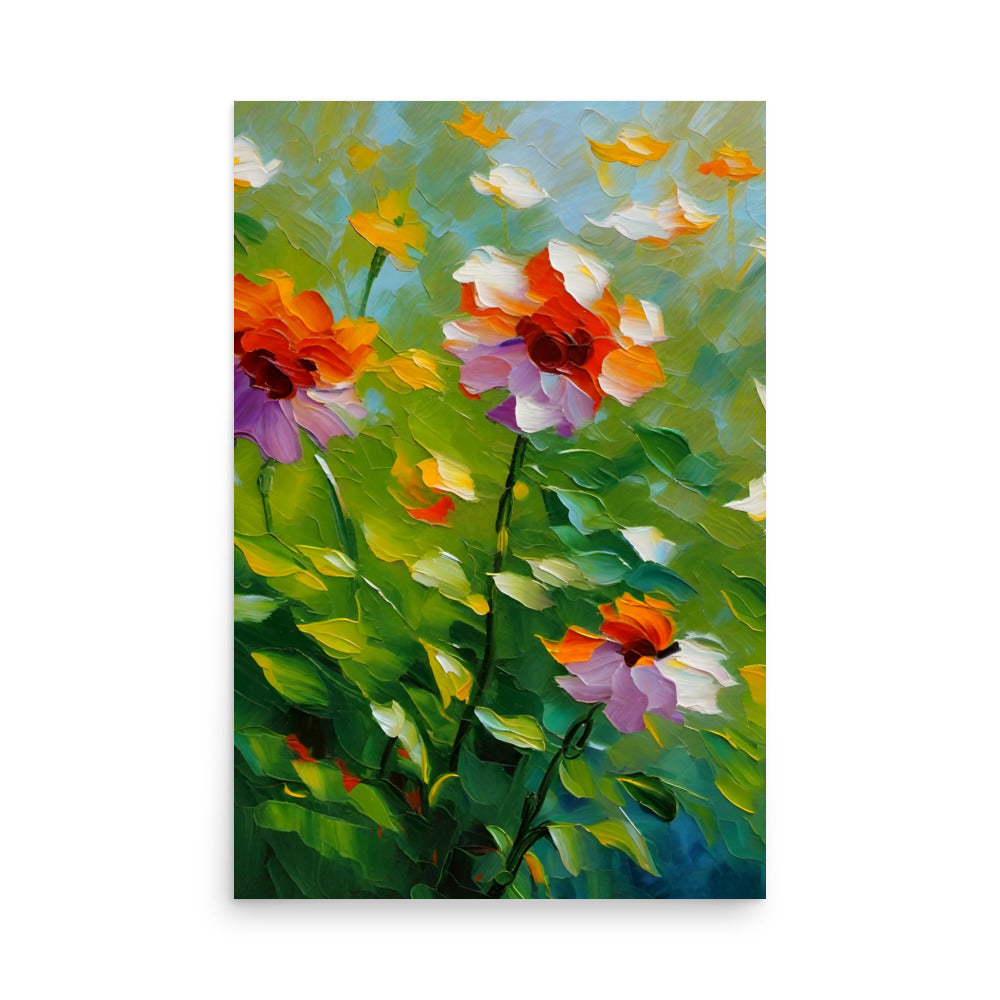 Thick textured brushstrokes with beautiful wild flowers, with a vibrantly painted style.